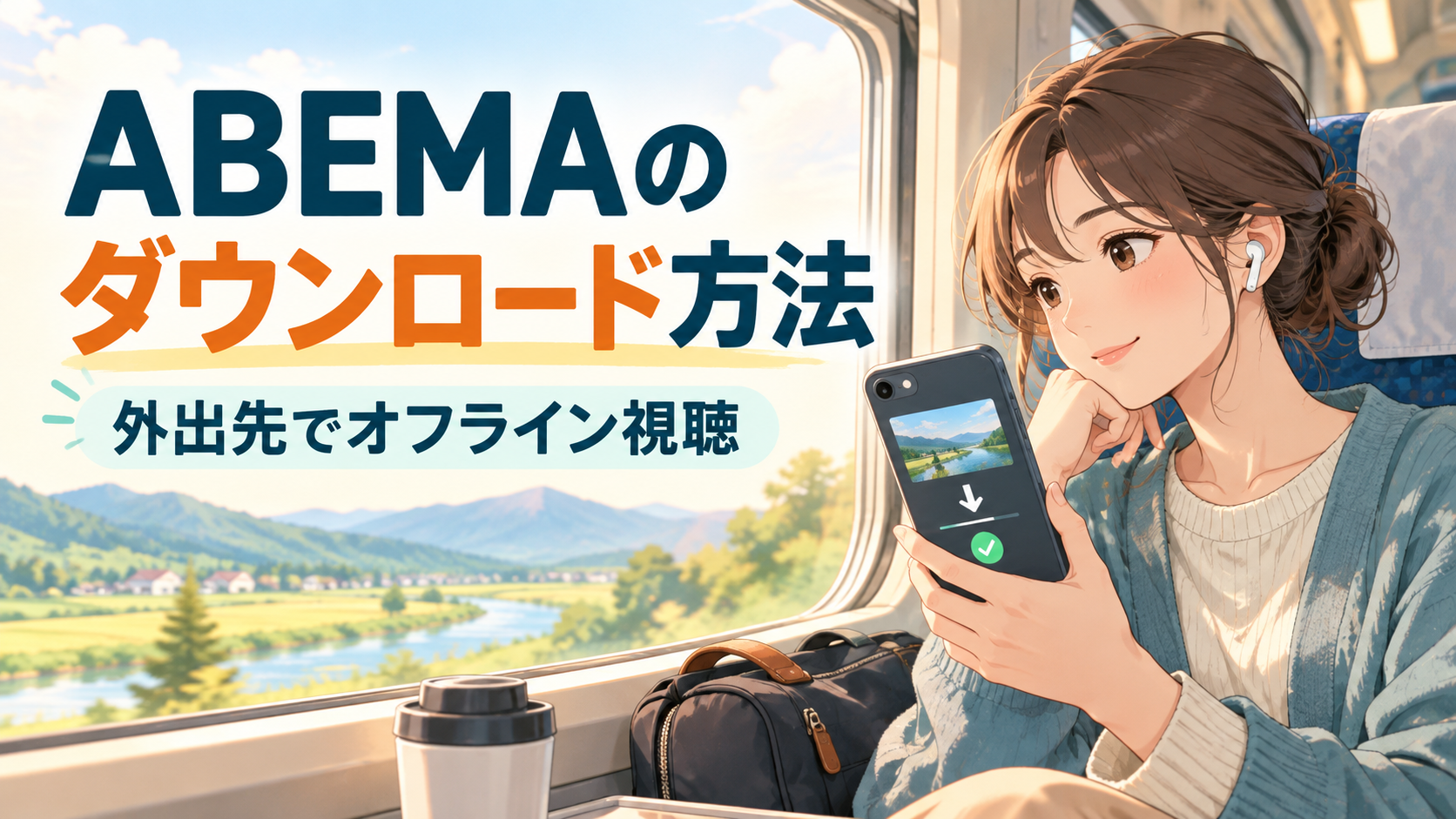 電車内でスマートフォンの動画を楽しむ女性と「ABEMAのダウンロード方法・外出先でオフライン視聴」の文字