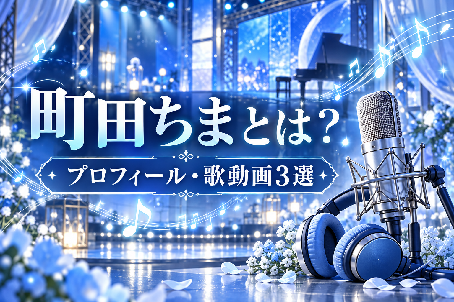 「町田ちまとは？ プロフィール・歌動画3選」の文字と、青いステージにマイク・ヘッドホンを描いたイメージ