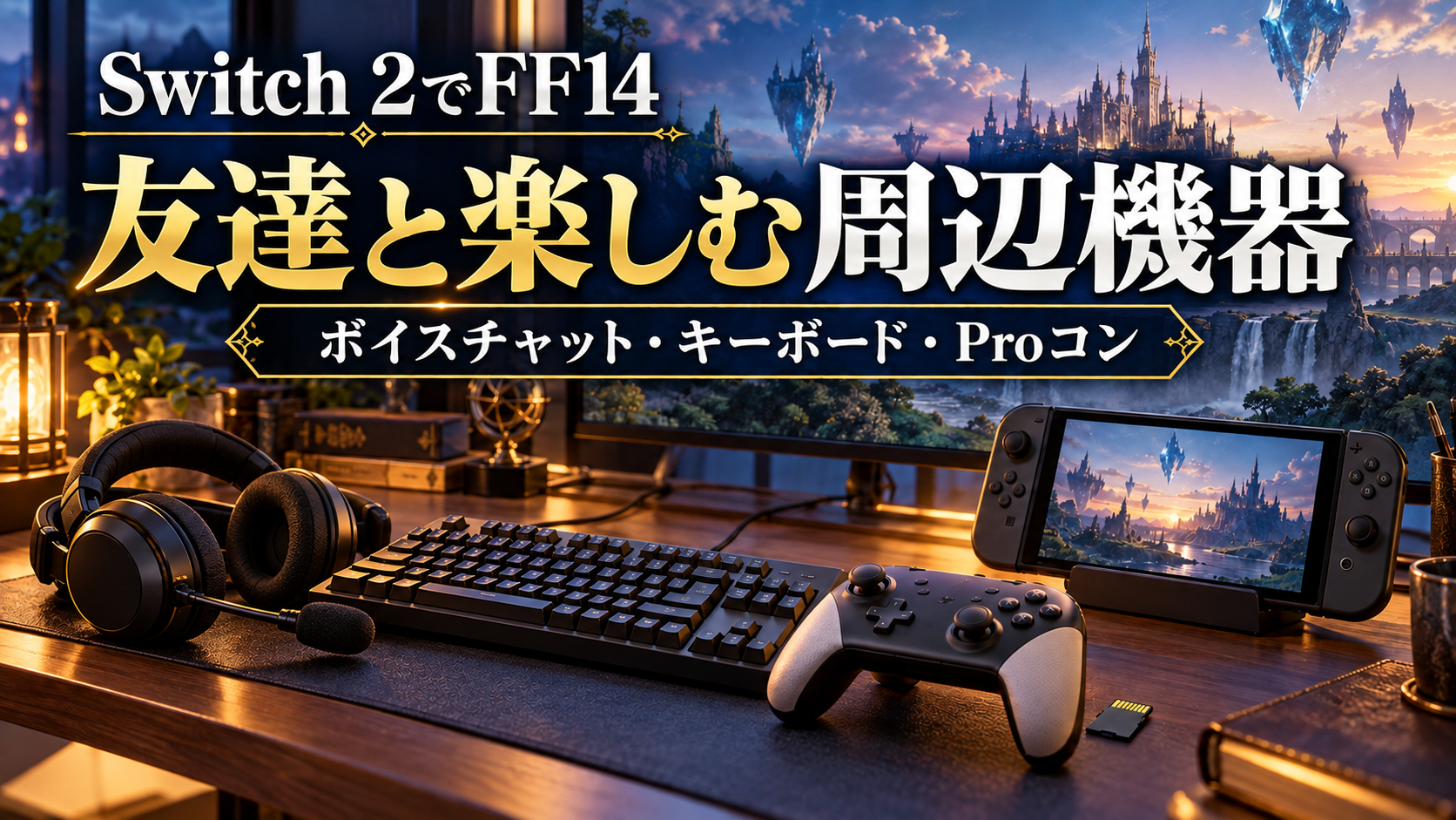 Switch 2でFF14を友達と楽しむためのヘッドセット、キーボード、コントローラーを描いたアイキャッチ
