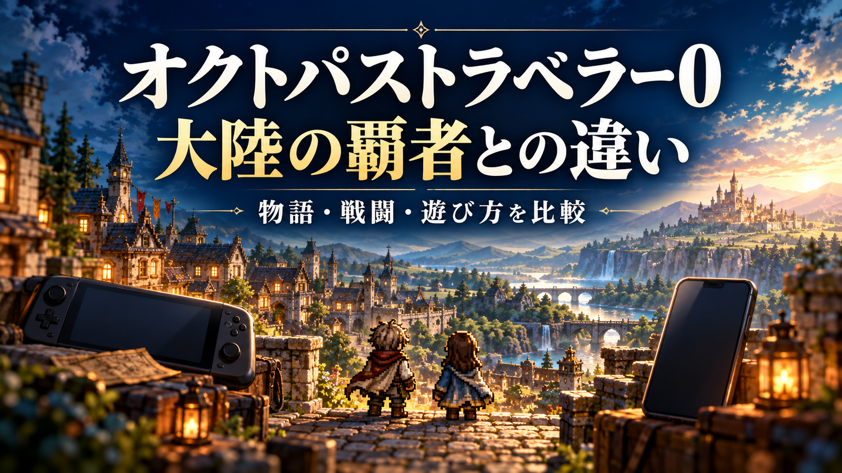 幻想的な町とゲーム機・スマートフォンを背景に、オクトパストラベラー0と大陸の覇者の違いを紹介する画像