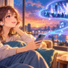 夕暮れの部屋でイヤホンを着けて音楽を楽しむ女性と、テーブルに置かれたスピーカーのイラスト