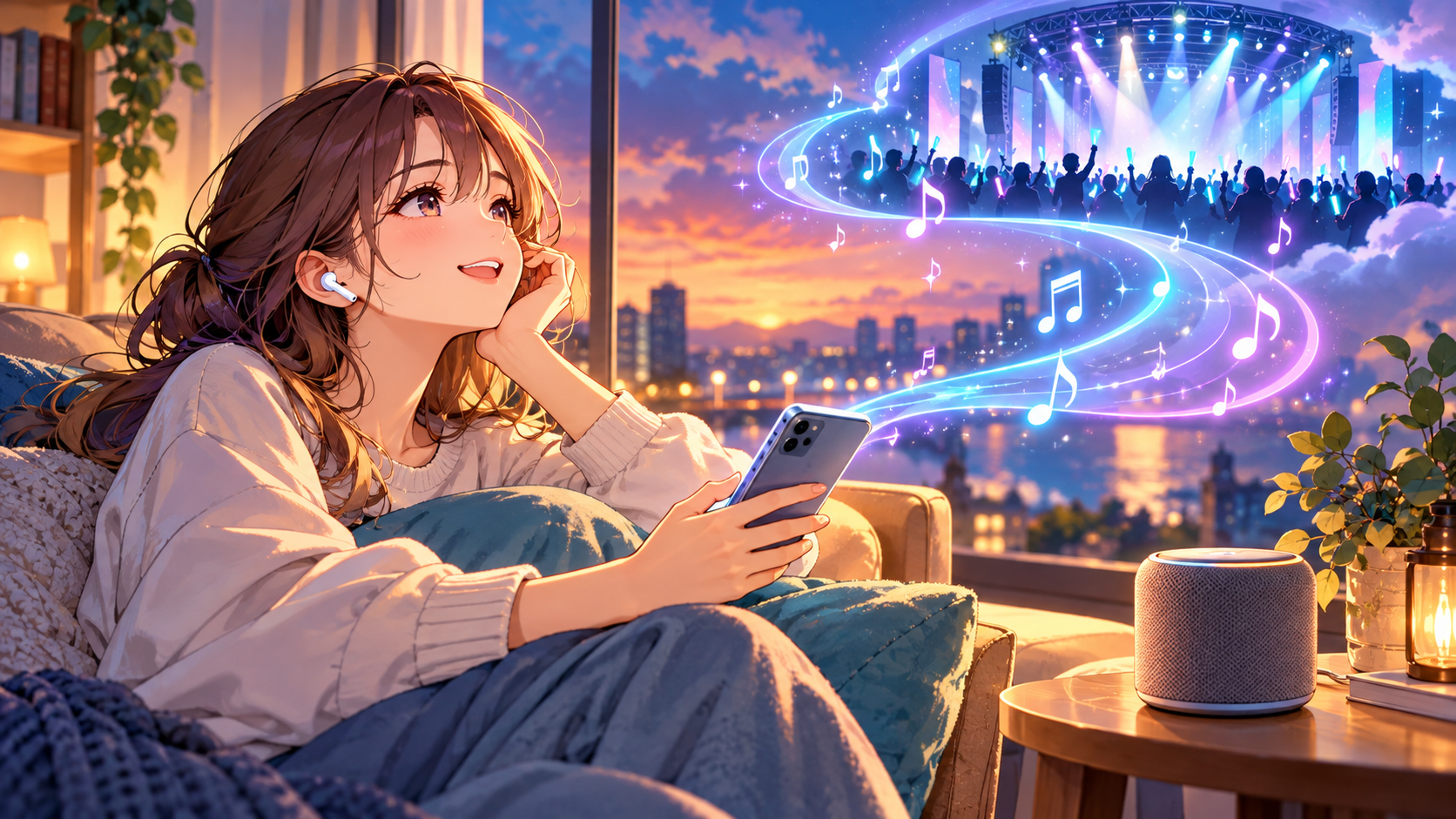 夕暮れの部屋でイヤホンを着けて音楽を楽しむ女性と、テーブルに置かれたスピーカーのイラスト
