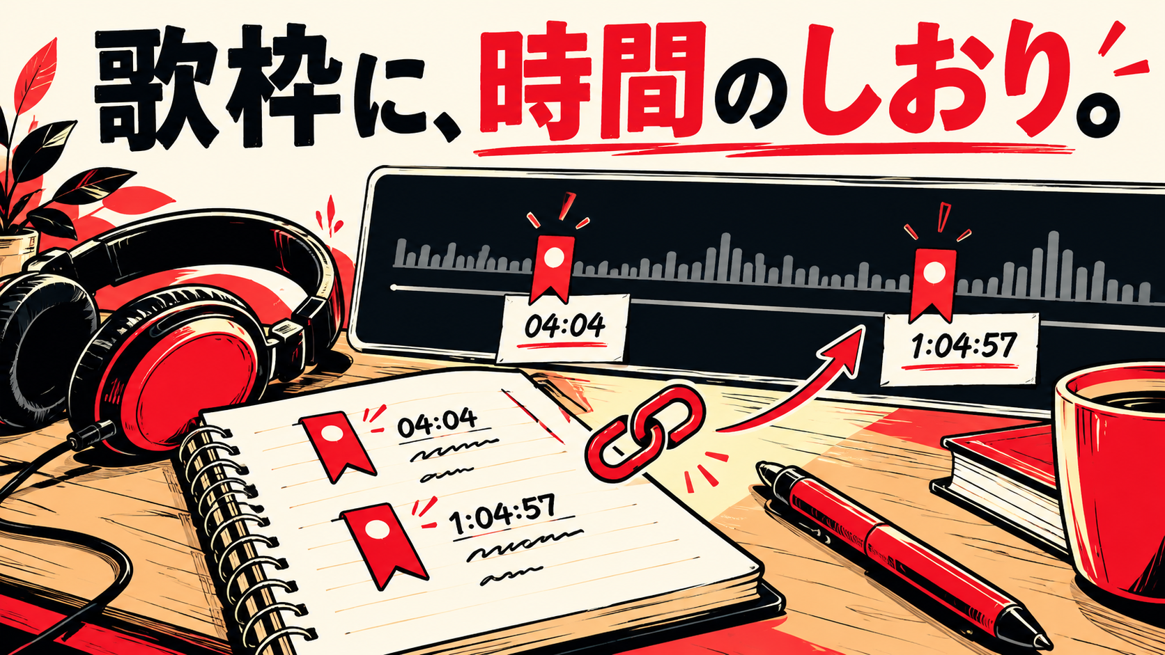 動画の時間軸の4分4秒と1時間4分57秒にしおりを付け、ノートへ保存する概念イラスト