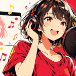 ヘッドホンを着けてマイクで歌うVTuberを描いた歌枠のイメージイラスト