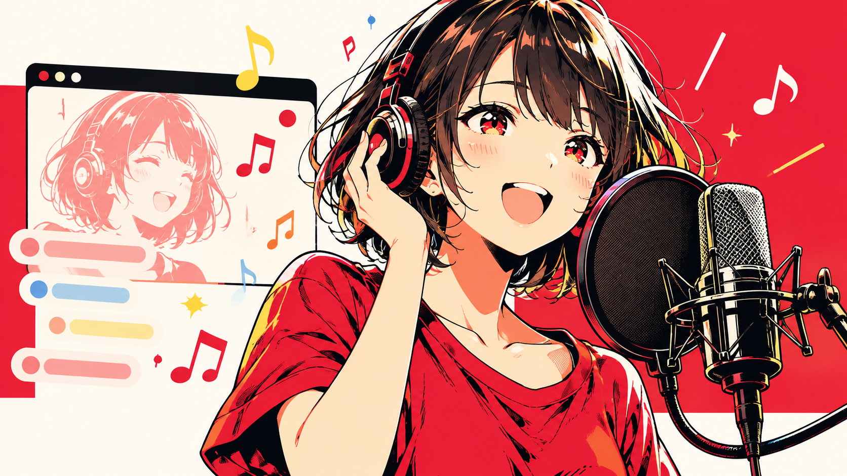 ヘッドホンを着けてマイクで歌うVTuberを描いた歌枠のイメージイラスト
