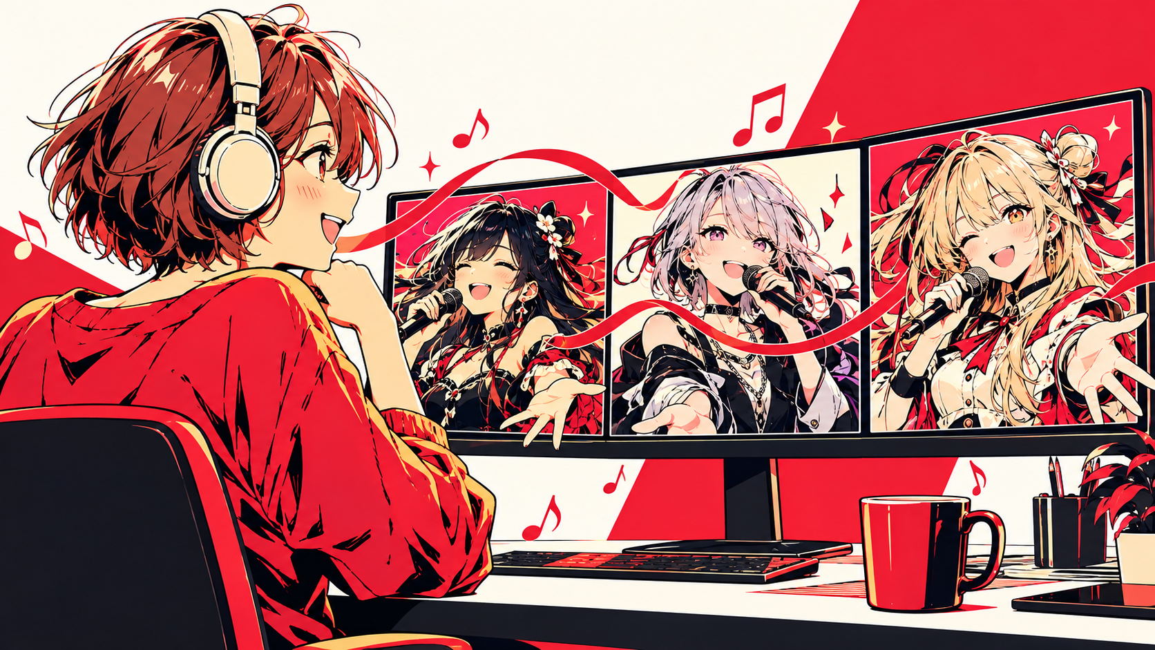 複数の歌配信を画面で見ながら歌枠リレーを楽しむ視聴者のイメージイラスト
